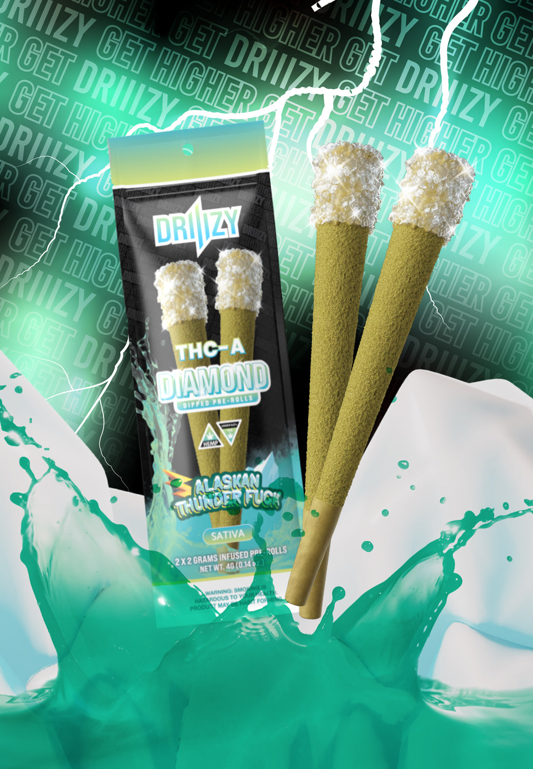 Driiizy THC-A Diamond Dipped Pre-rolls | 2 Gram | 2 Pack | Alaskan Thunderfuck